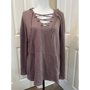 Mossimo M Mauve Pink Long Sleeve V Neck Kangaroo Pocket Lace Up Front Hoodie Top